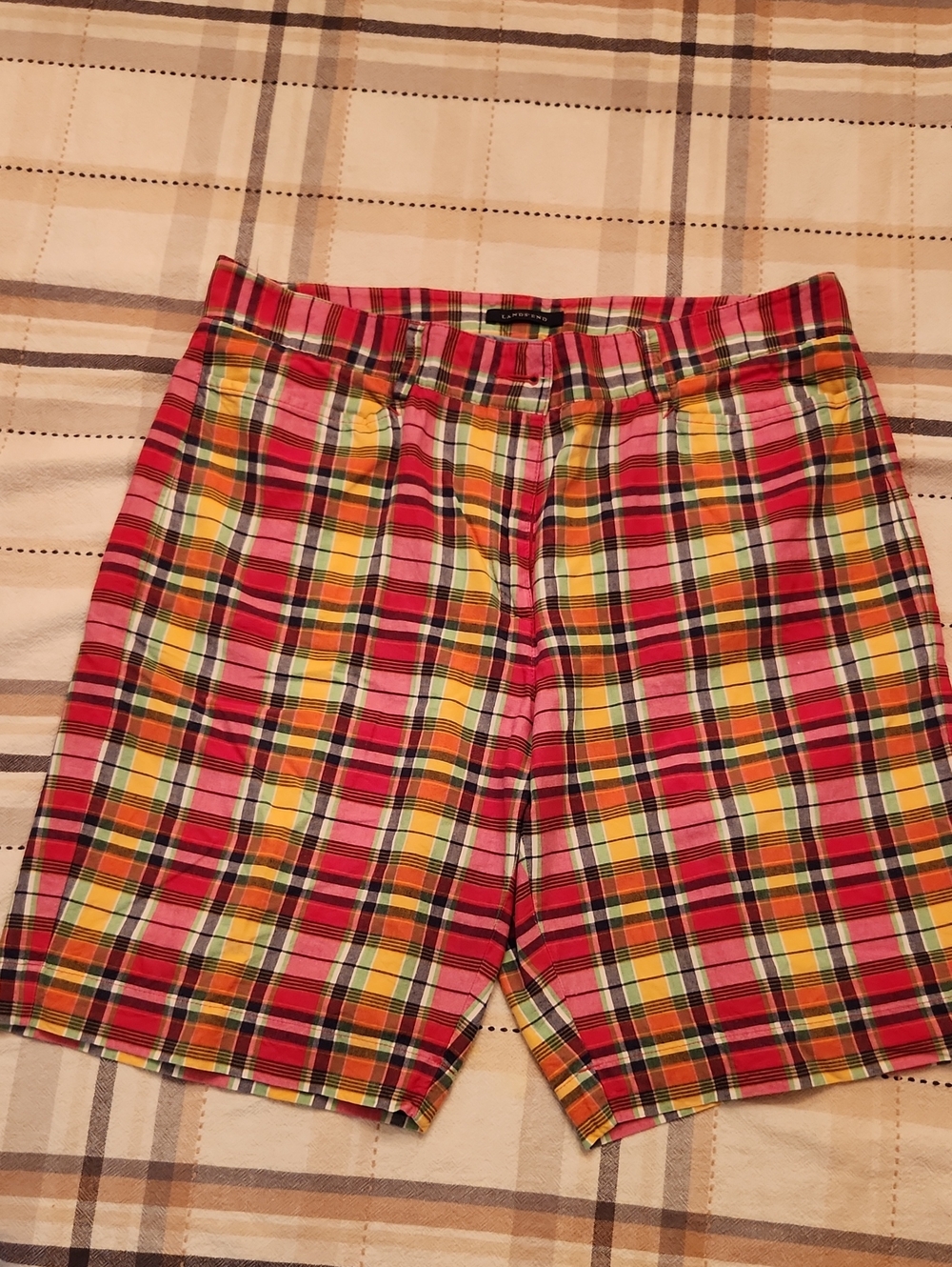 Lands' End Women's Plaid Shorts - Red, Yellow, Green Size 14